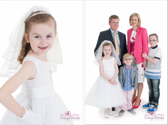 First holy communion Dublin girl in dress with family